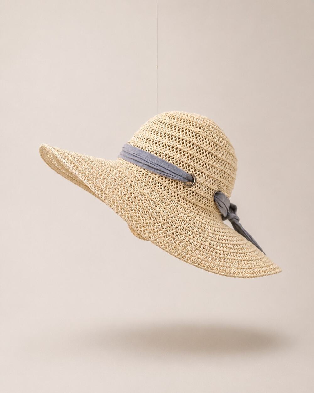 Women’s Wide Brim Sun Hat Beige Straw Hat Gray Ribbon Accent One Size Beach